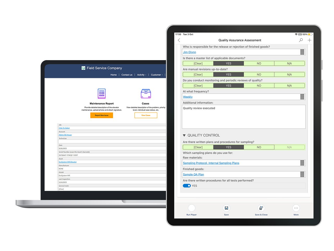 Preview of Resco´s Power Platform Quality Assurance questionnaires on notebook and tablet.