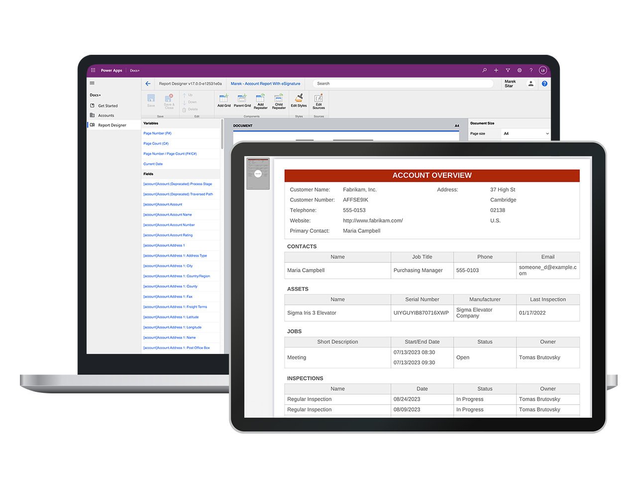 Resco´s Power Platform Report Designer and detailed report on notebook and tablet.