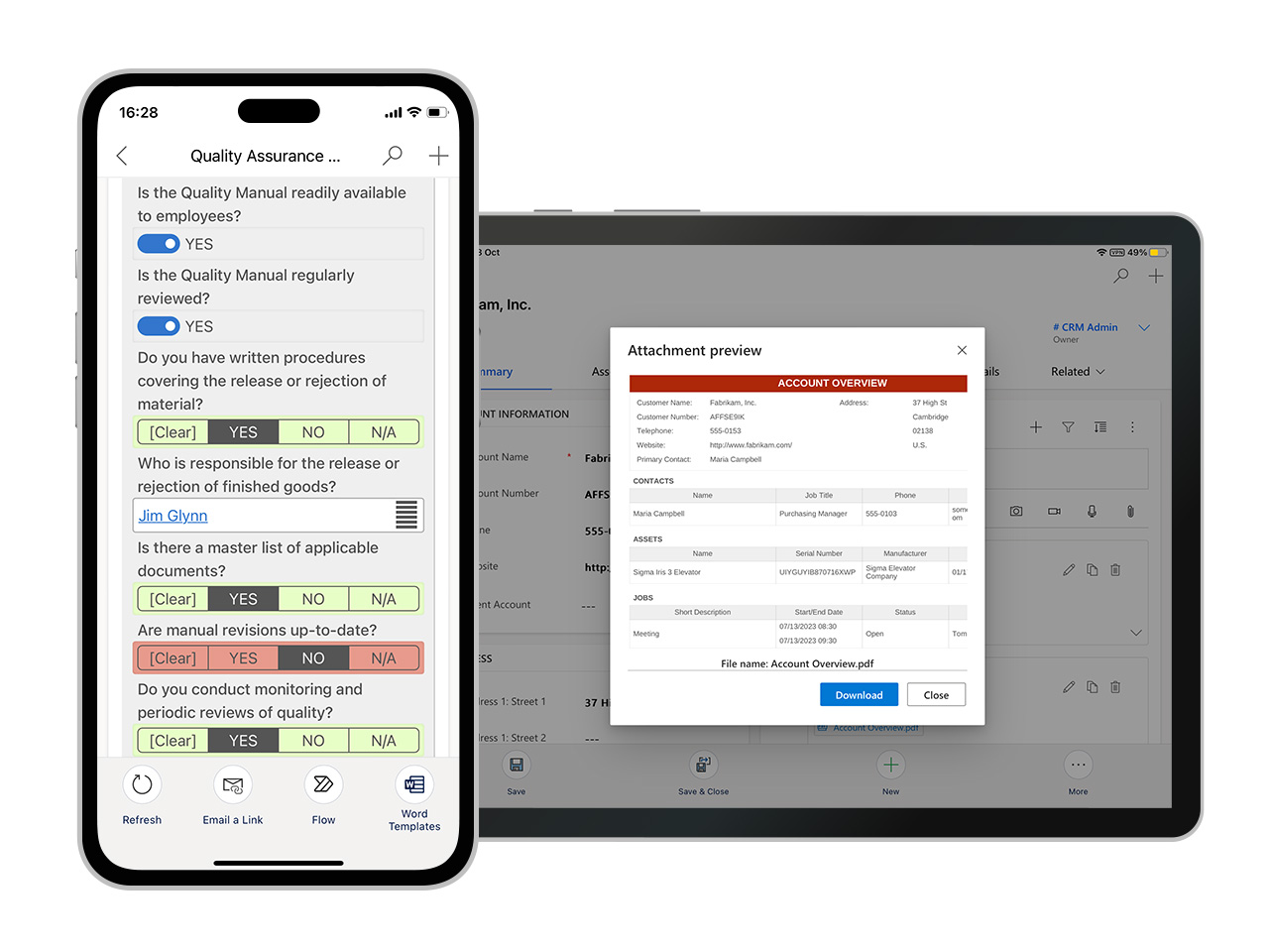 Resco´s Power Platform Quality Assurance form on smartphone and tablet.