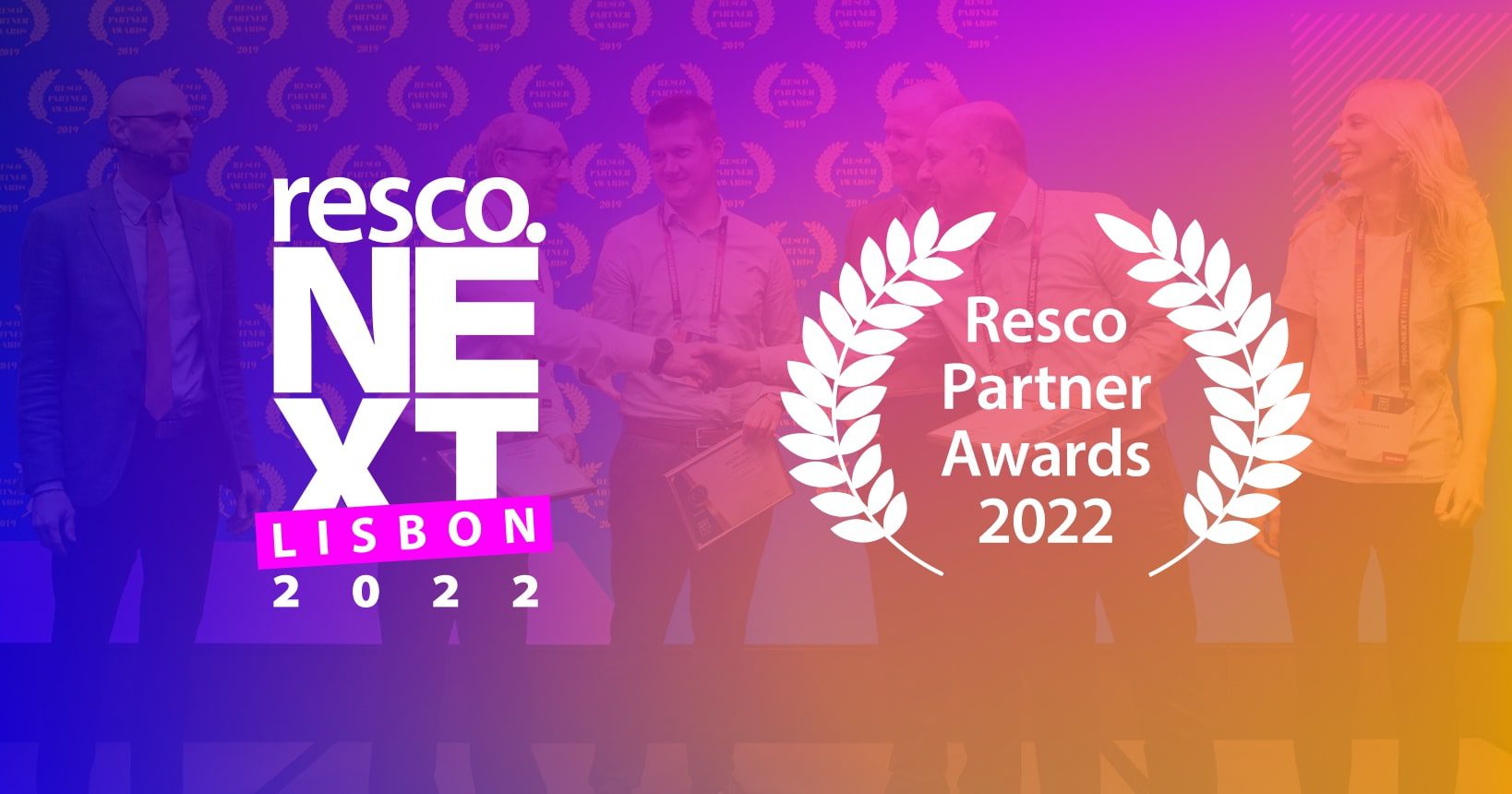 Logos of resco.NEXT 2022 and Resco Partner Awards 2022 on gradient background