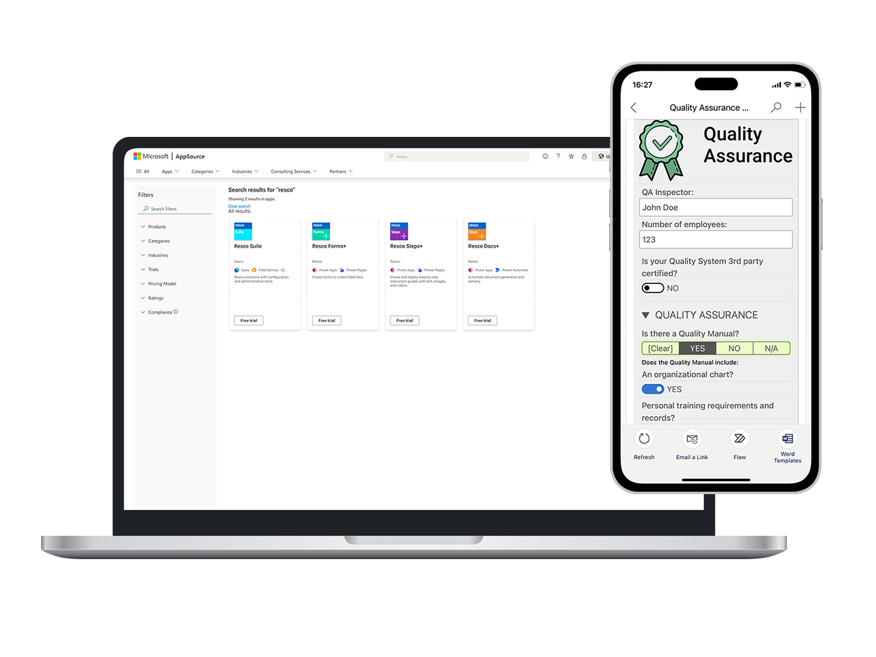 Resco´s Power Apps in Microsoft store and Quality Assurance form on smartphone.