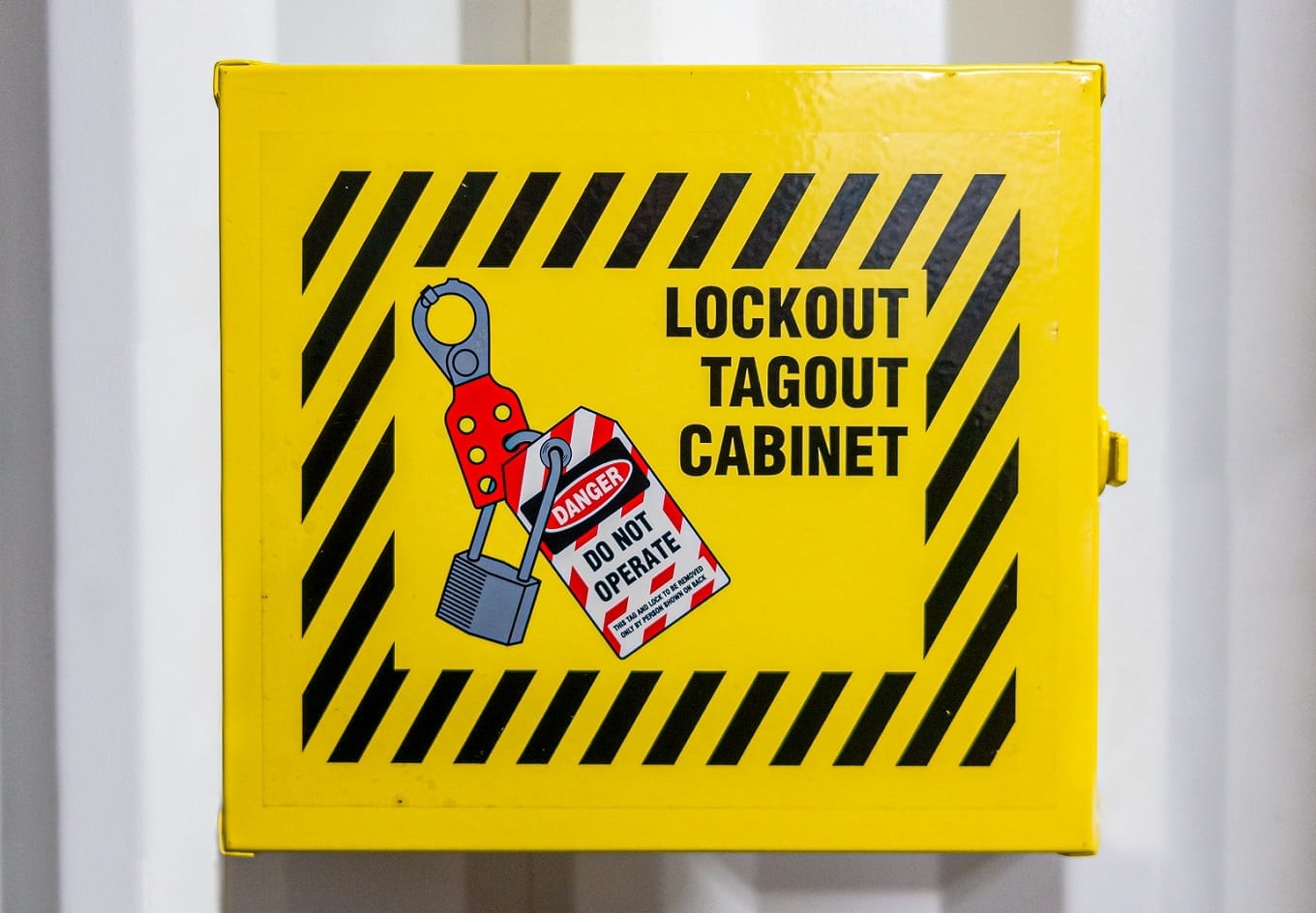 Yellow lockout tagout cabinet in an electrical substation