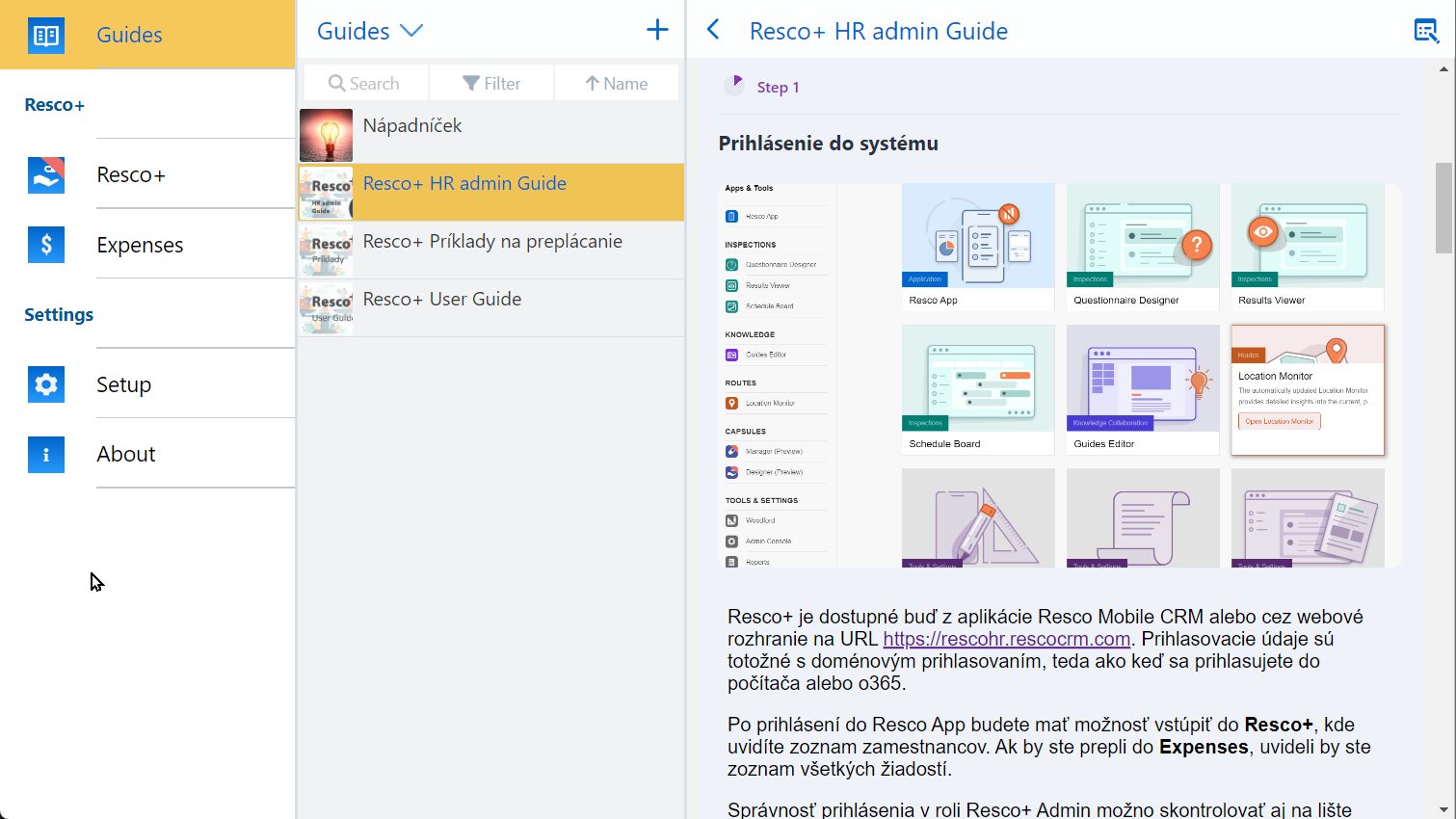 resco.Guides showing the admin guide in Resco+ internal application