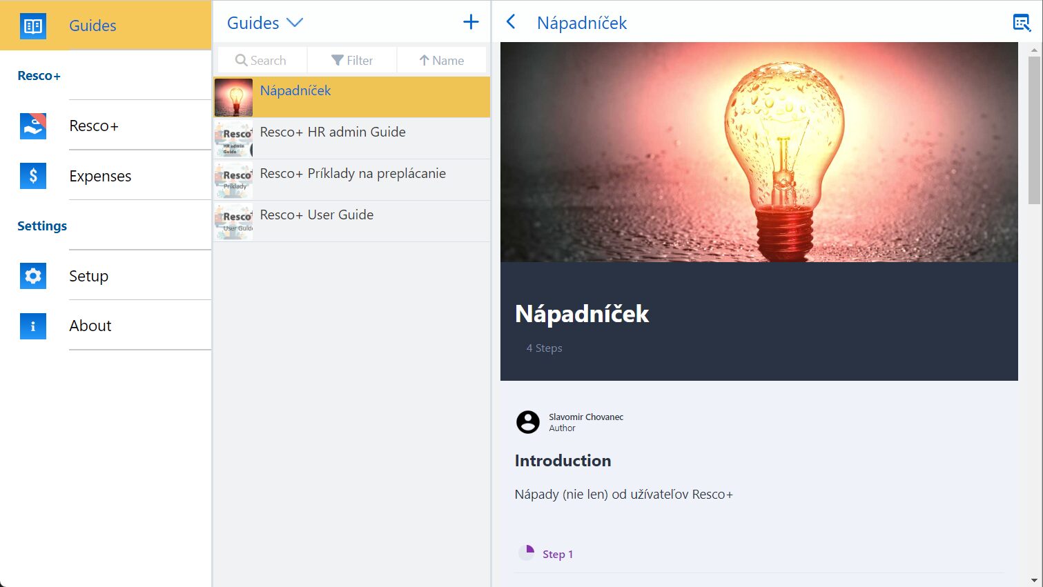 resco.Guides showing the idea notepad in Resco+ app