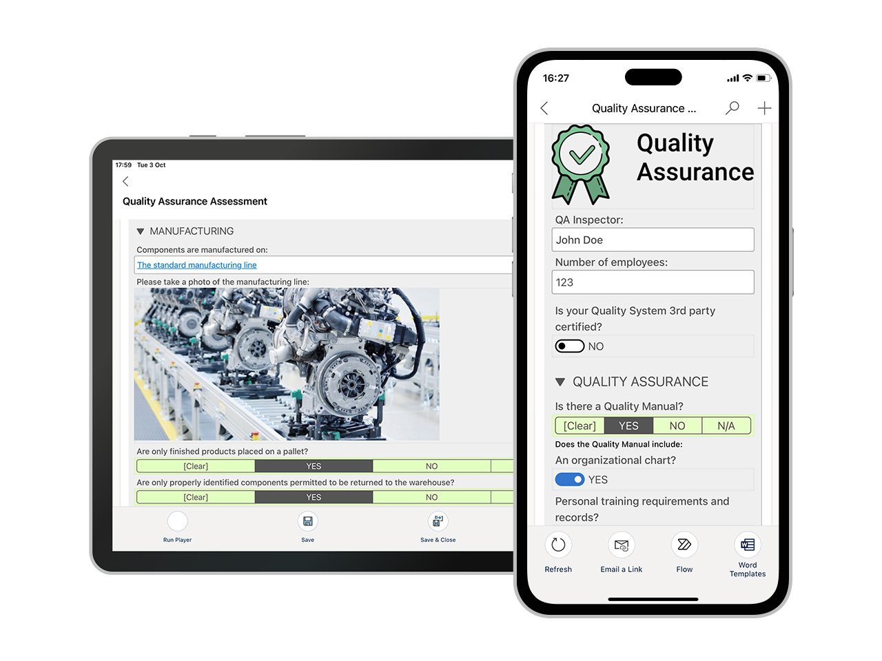 Preview of Resco´s Power Platform Quality Assurance form on tablet and smartphone.