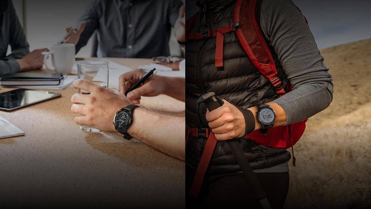 A man wearing Ticwatch Pro 3 GPS in office environment and during hiking