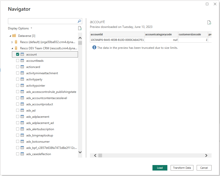 Entity selection in Resco and Power BI integration