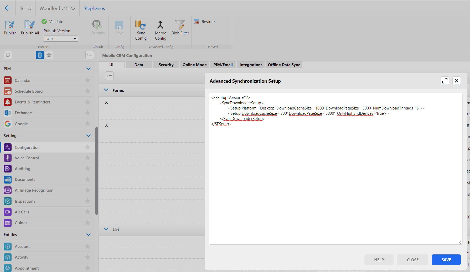 Advanced sync setup in Resco Woodford