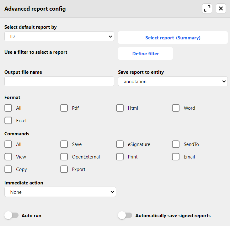 Advanced report configuration window in Woodford