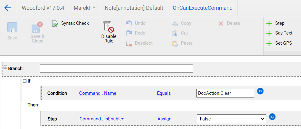 Modification of On Can Execute rule to disable CLEAR option in Resco Woodford