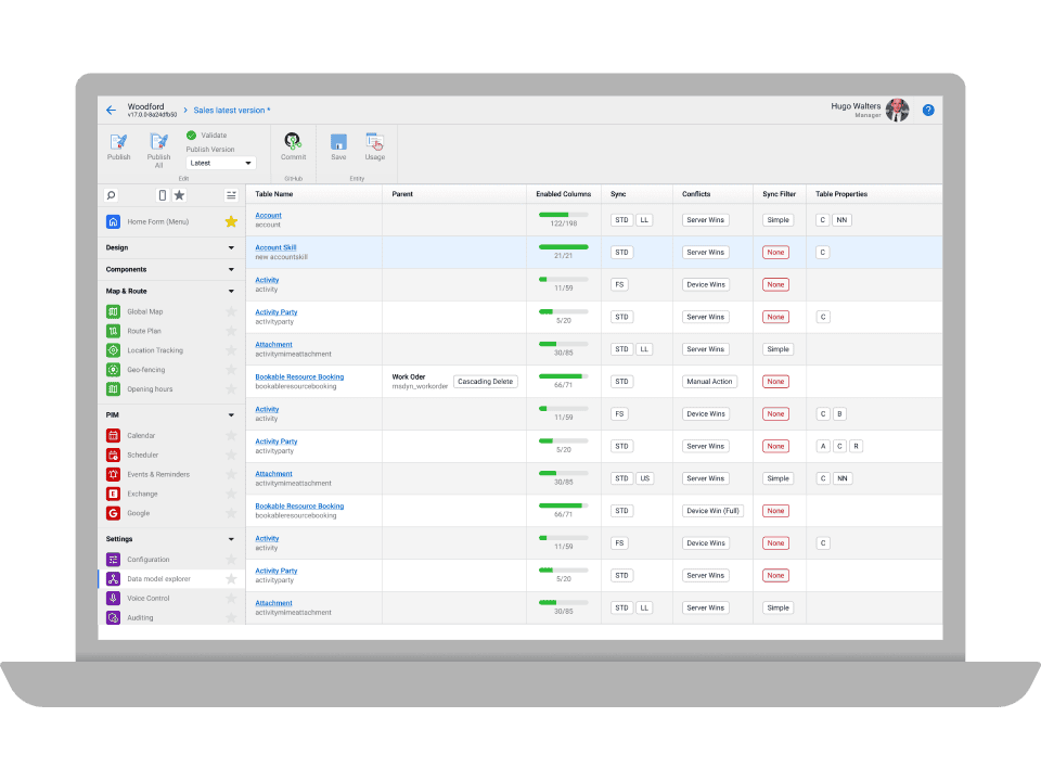 Resco Power Components app showcasing Woodford on laptop