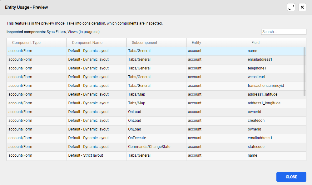 Checking where are the individual fields used in Resco Woodford