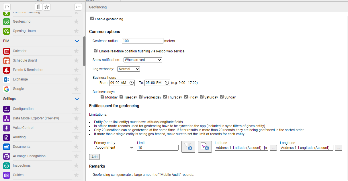 Setup of the geofencing feature in Resco Woodford