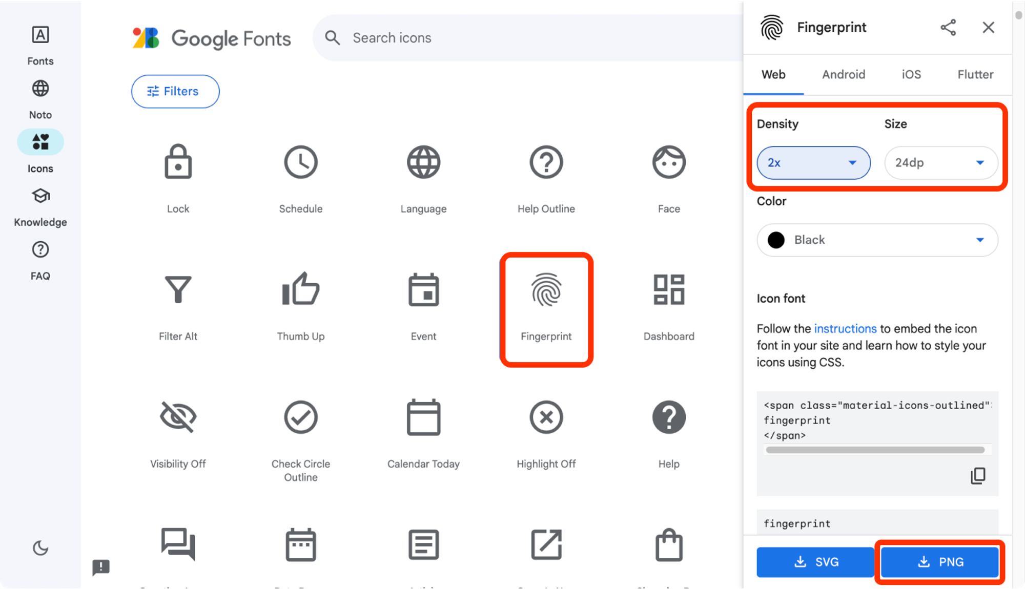 Selecting and exporting icon in Google Material Design