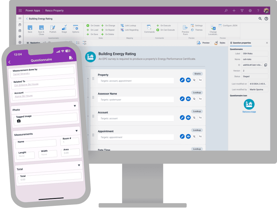 Questionnaire Designer in Resco and a questionnaire generated on a mobile device