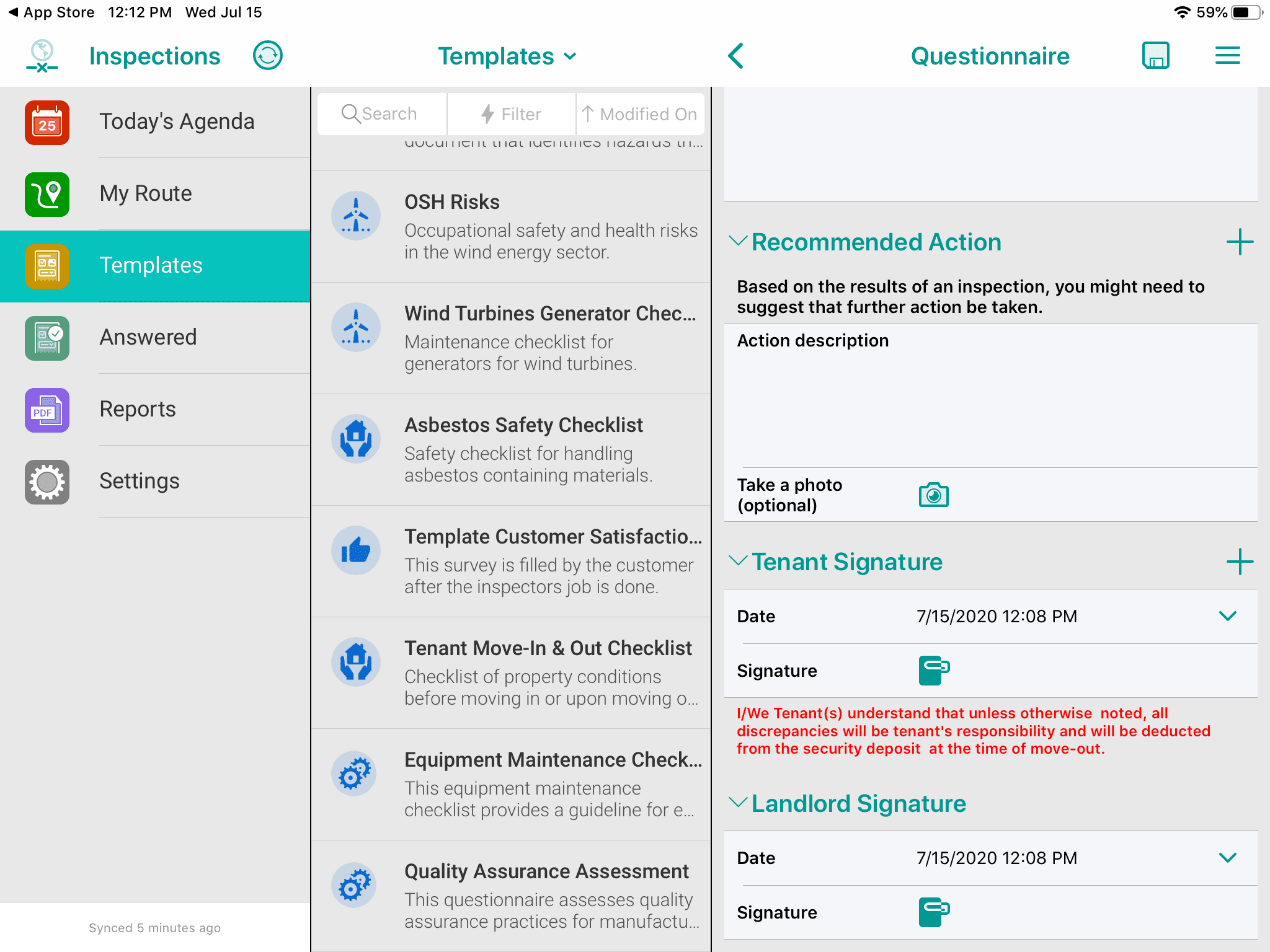 Move-in & Move-out Checklist in Resco Inspections - signatures