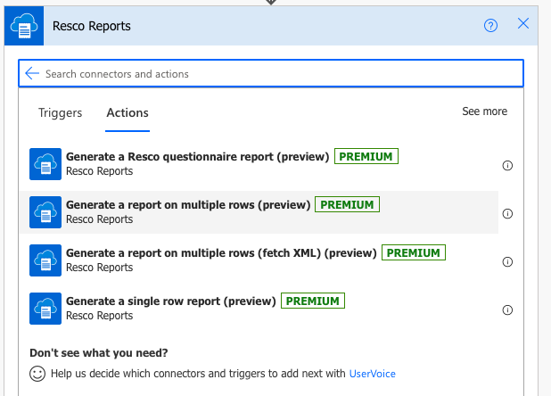 Resco Reports connector menu 