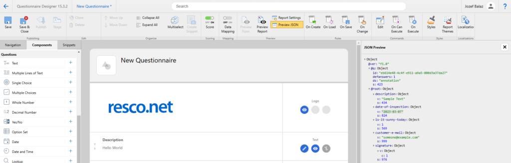 Preview of questionnaires JSON string in Questionnaire Designer