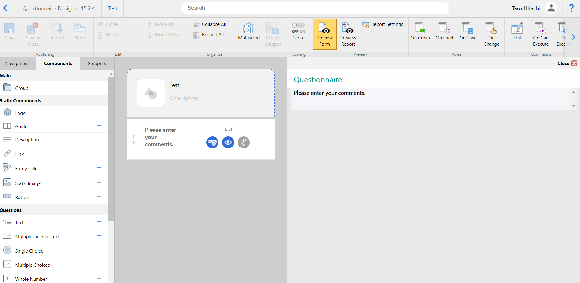 Preview form button in Questionnaire Designer