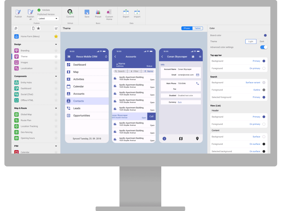 Resco Power Components app showcasing Woodford on desktop