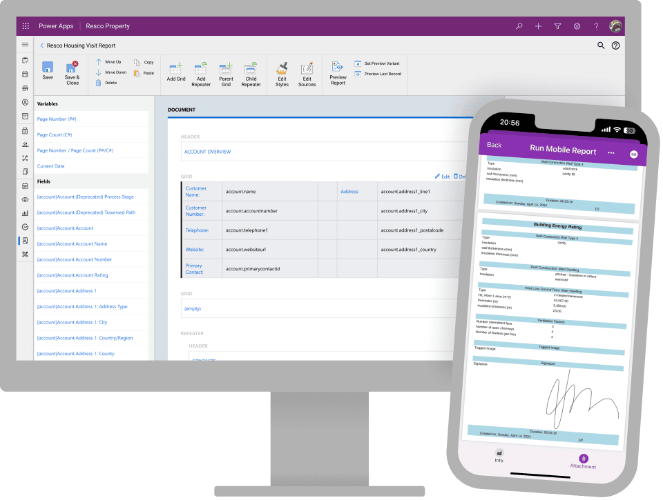 Report Designer in Resco Woodford and final report generated on a mobile device