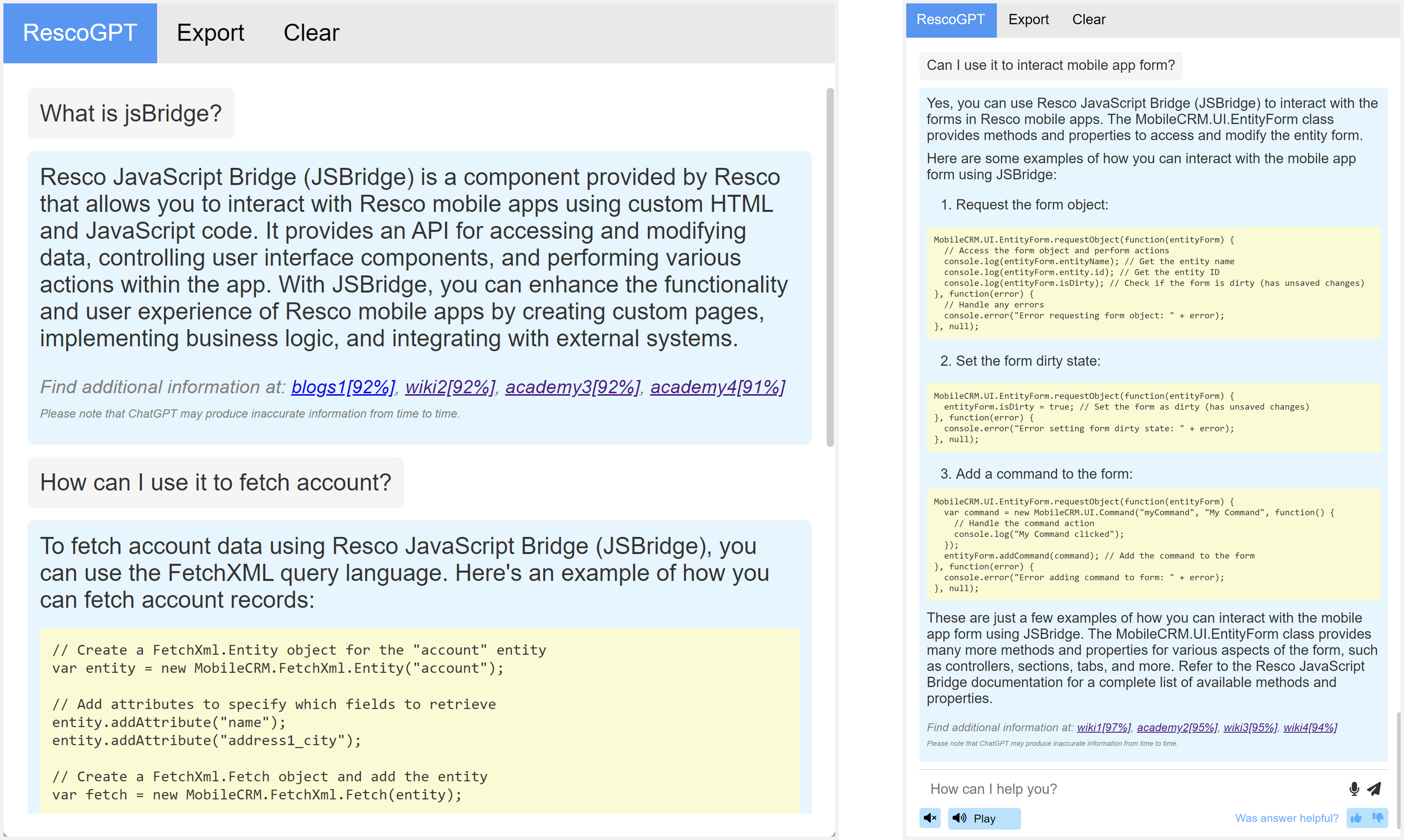 resco.Labs AI chatbot Assistant jsBridge prompt example