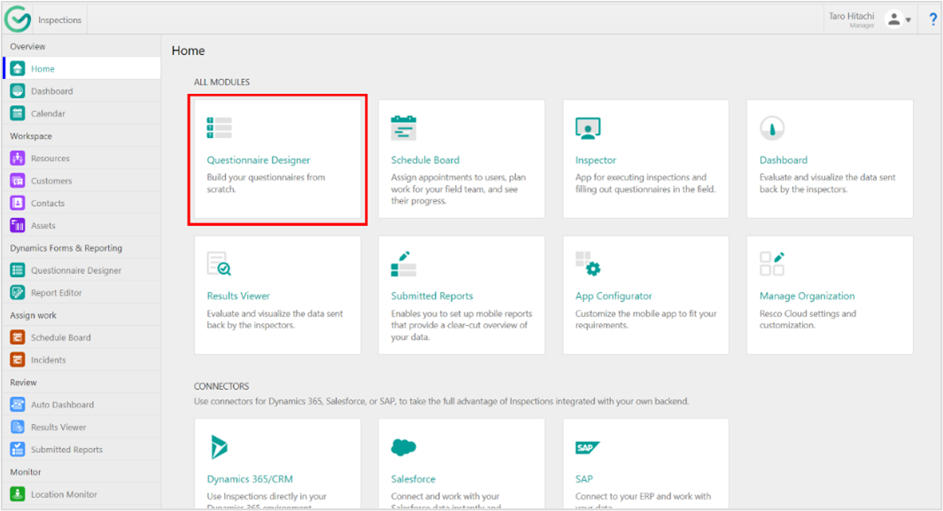 Resco Inspections main page with Questionnaire Designer option highlighted 