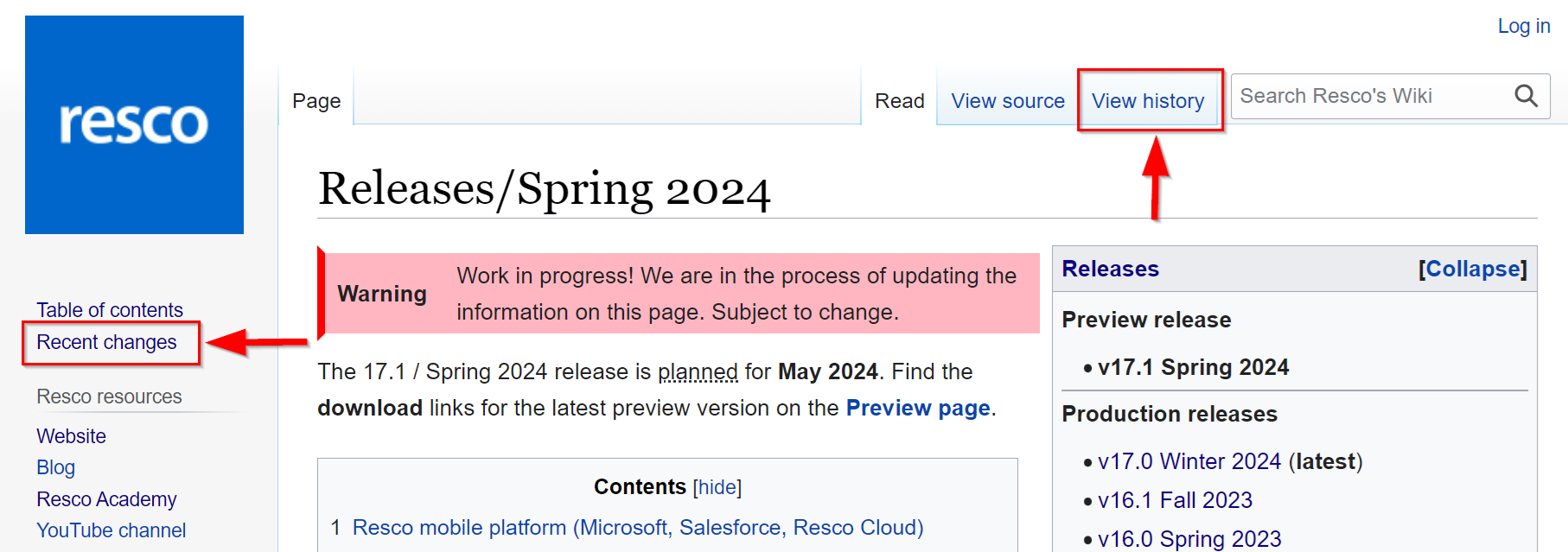 Resco Wiki page with highlighted buttons for viewing history