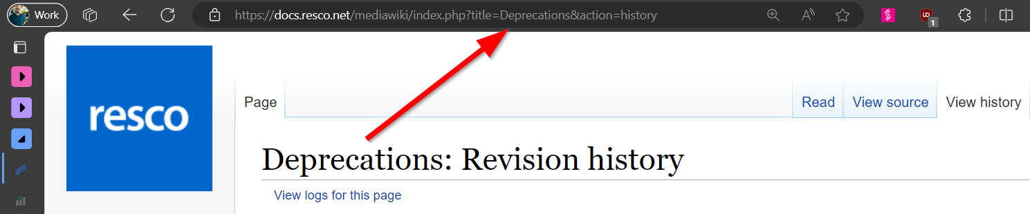 An URL link of Resco Wiki Deprecations page 